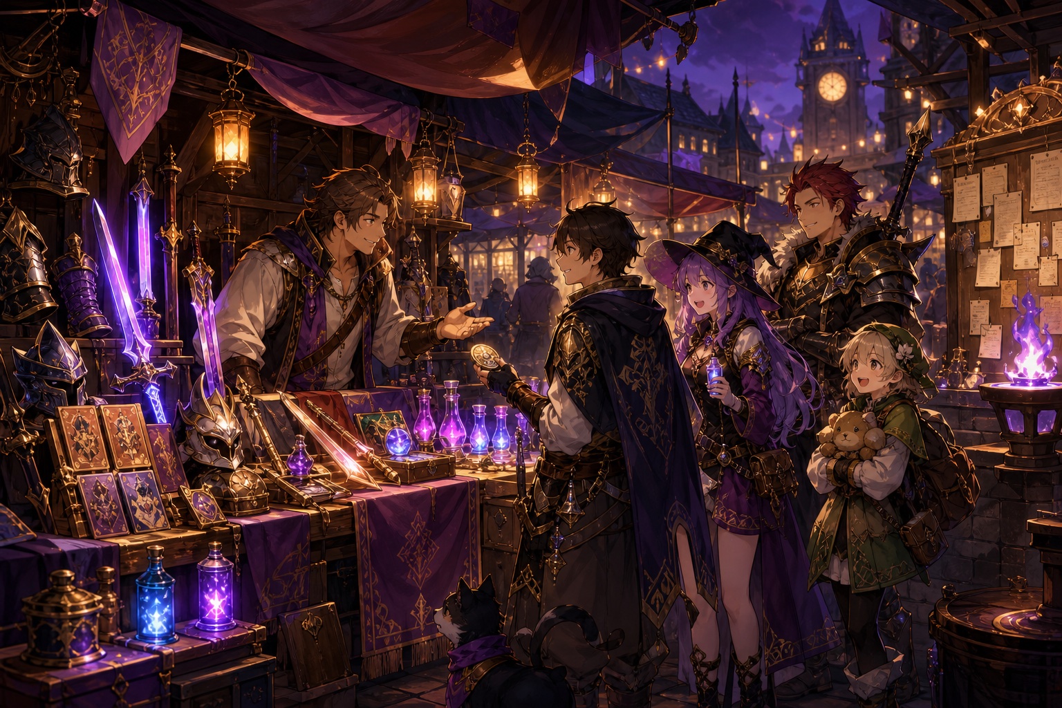 Fantasy adventurers trading equipment and potions in a moonlit guild market